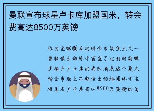 曼联宣布球星卢卡库加盟国米，转会费高达8500万英镑