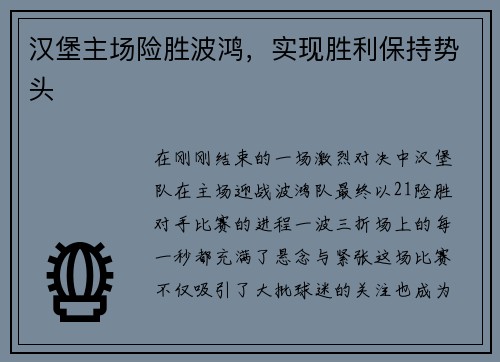 汉堡主场险胜波鸿，实现胜利保持势头