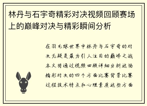 林丹与石宇奇精彩对决视频回顾赛场上的巅峰对决与精彩瞬间分析