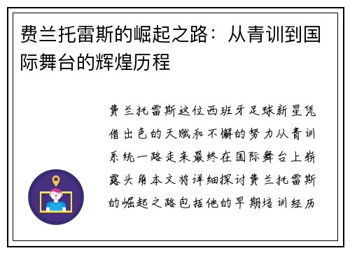费兰托雷斯的崛起之路：从青训到国际舞台的辉煌历程