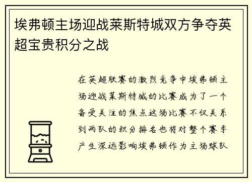埃弗顿主场迎战莱斯特城双方争夺英超宝贵积分之战